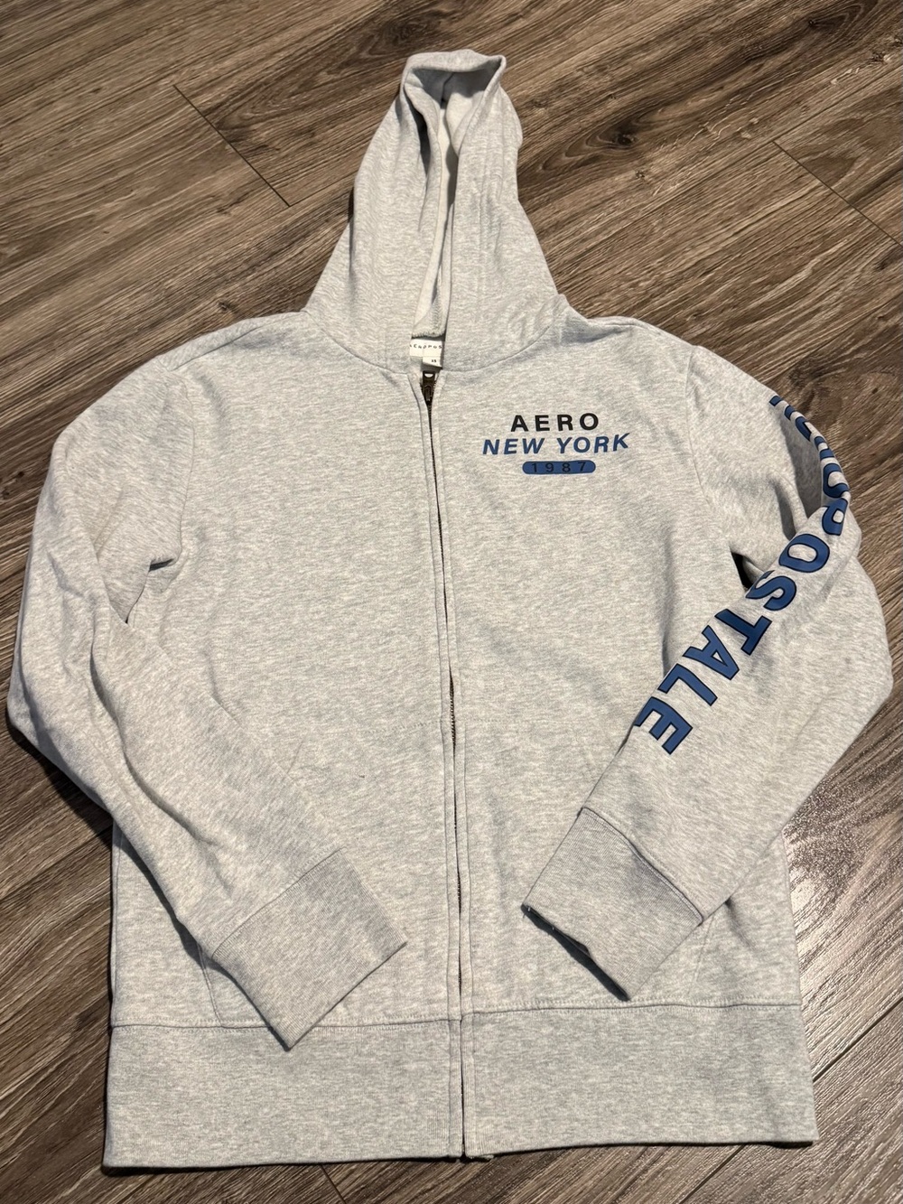 Aeropostale Light Gray Zip Hoodie with Blue Sleeve Logo